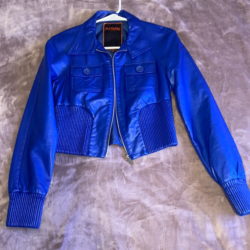 Blue Leather (like) Cropped Jacket by Runway Size M